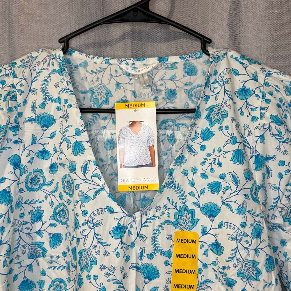 Draper James Women's V-Neck Puff Short Sleeve Top Blue White Floral Medium NWT
